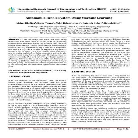 IRJET- Automobile Resale System using Machine Learning