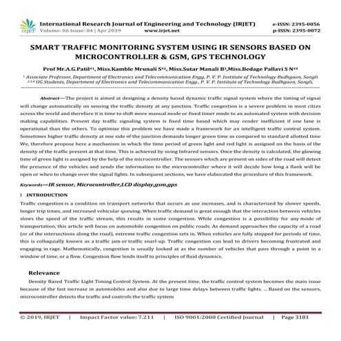 IRJET-  	  Smart Traffic Monitoring System using Ir Sensors based on Microcon...