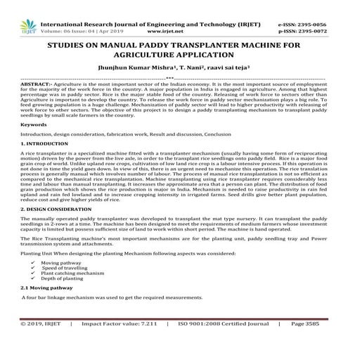 IRJET-  	  Studies on Manual Paddy Transplanter Machine for Agriculture Appli...