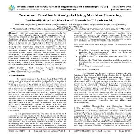 IRJET-  	  Customer Feedback Analysis using Machine Learning