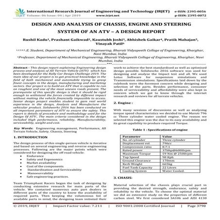 IRJET- Design and Analysis of Chassis, Engine and Steering System of an ATV –...