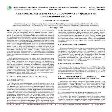 IRJET- A Seasonal Assessment of Groundwater Quality in Dharmapuri Region