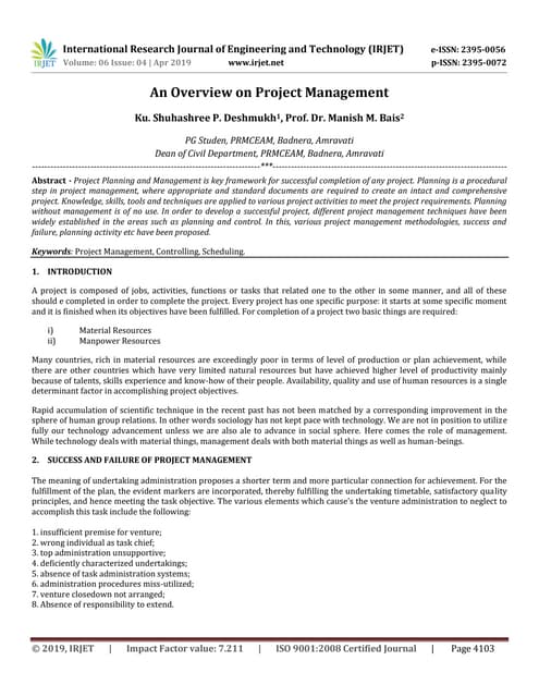 IRJET An Overview on Project Management PDF Civil Engineering IRJET An Overview on Project Management PDF Civil Engineering