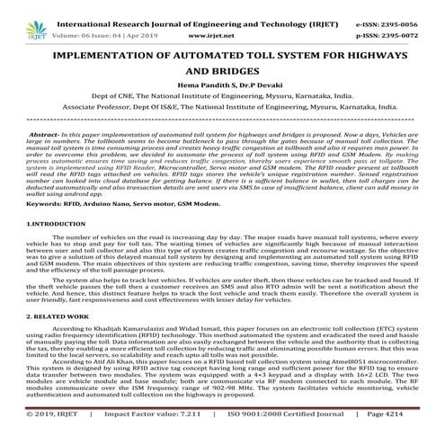 IRJET-  	  Implementation of Automated Toll System for Highways and Bridges