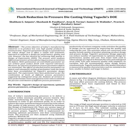 IRJET- Flash Reduction in Pressure Die Casting using Taguchi’s Doe