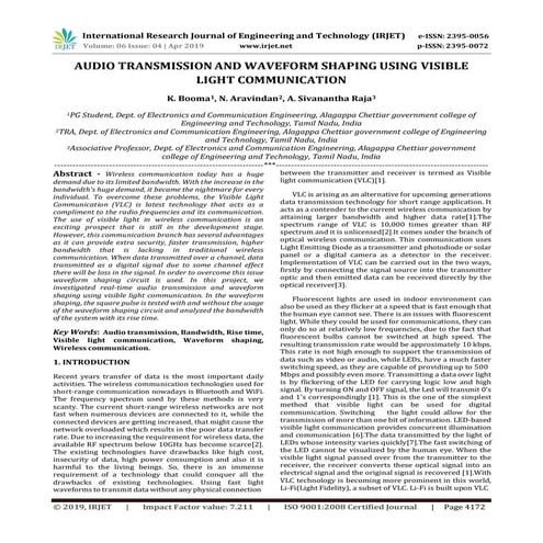 IRJET-  	  Audio Transmission and Waveform Shaping using Visible Light Commun...