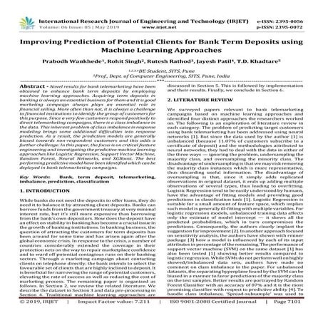 IRJET- Improving Prediction of Potential Clients for Bank Term Deposits using...