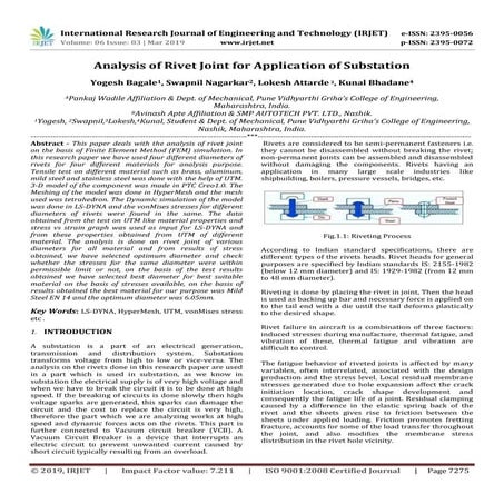 IRJET - Analysis of Rivet Joint for Application of Substation