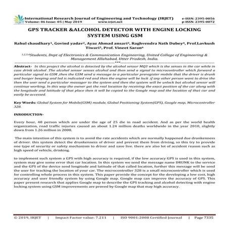 IRJET- GPS Tracker & Alcohol Detector with Engine Locking System using GSM