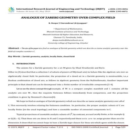 IRJET- Analogue of Zariski Geometry Over Complex Field
