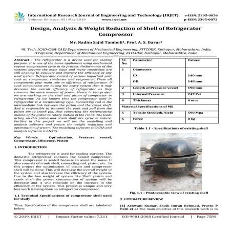 IRJET- Design, Analysis & Weight Reduction of Shell of Refrigerator Compressor
