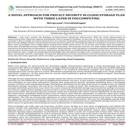 IRJET- A Novel Approach for Privacy Security in Cloud Storage Plan with Three...