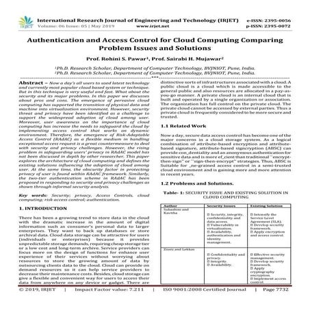IRJET- Authentication and Access Control for Cloud Computing Comparing Proble...