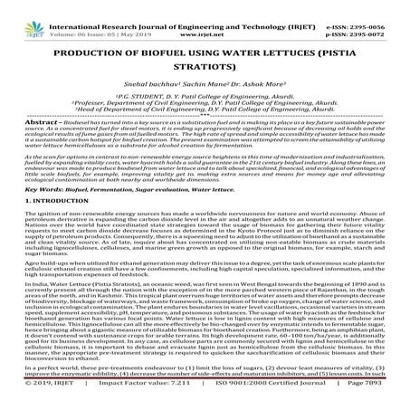 IRJET- Production of Biofuel using Water Lettuces (Pistia Stratiots)