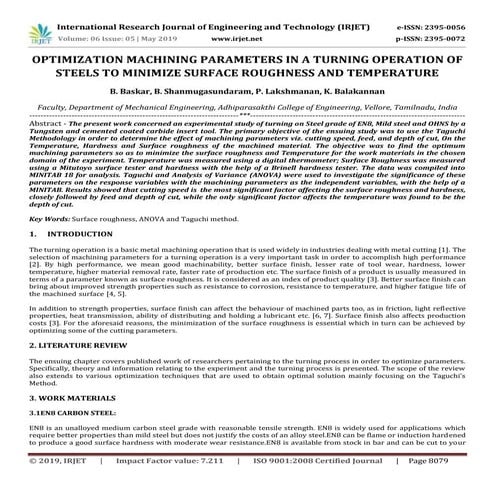 IRJET- Optimization Machining Parameters in a Turning Operation of Steels to ...