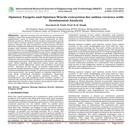 IRJET-  	  Opinion Targets and Opinion Words Extraction for Online Reviews wi...