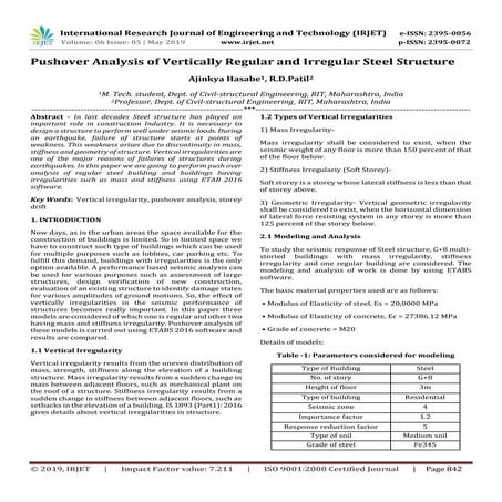 IRJET- Pushover Analysis of Vertically Regular and Irregular Steel Structure