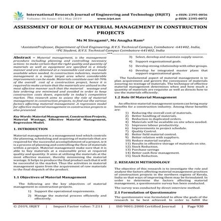IRJET- 	  Assessment of Role of Material Management in Construction Projects