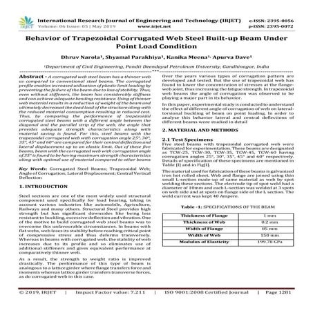 IRJET- Behavior of Trapezoidal Corrugated Web Steel Built-Up Beam under Point...