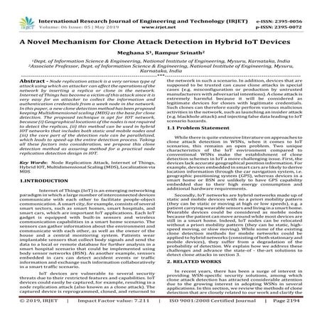 IRJET-  	  A Novel Mechanism for Clone Attack Detection in Hybrid IoT Devices