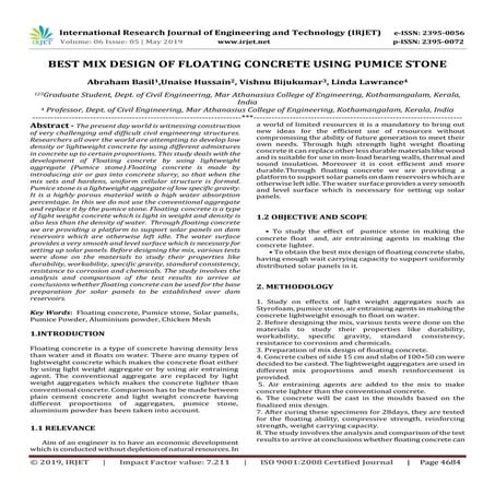 IRJET- Best Mix Design of Floating Concrete using Pumice Stone