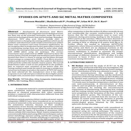 IRJET- Studies on Al7075 and SIC Metal Matrix Composites