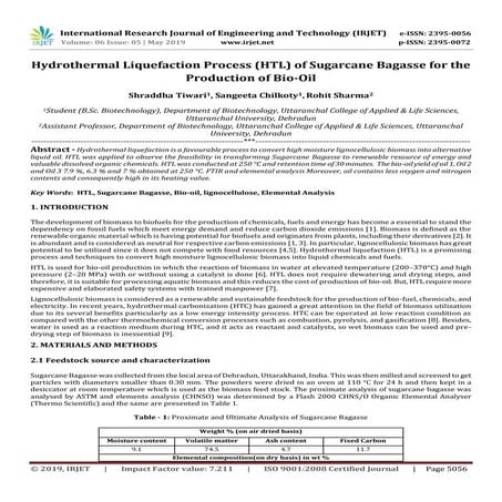 IRJET- Hydrothermal Liquefaction Process (HTL) of Sugarcane Bagasse for the P...