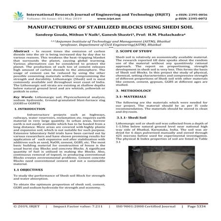 IRJET- Manufacturing of Stabilized Blocks using Shedi Soil