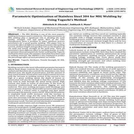 IRJET- Parametric Optimization of Stainless Steel 304 for MIG Welding by usin...