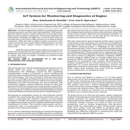 IRJET-  	  IoT System for Monitoring and Diagnostics of Engine