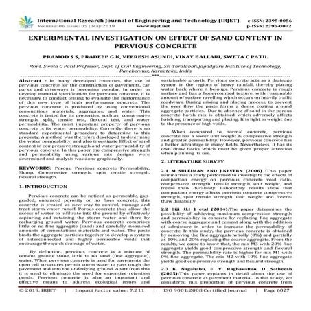 IRJET- Experimental Investigation on Effect of Sand Content in Pervious Concrete