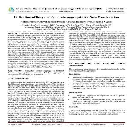 IRJET-  	  Utilization of Recycled Concrete Aggregate for New Construction
