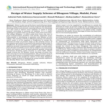 IRJET- Design of Water Supply Scheme of Bhugaon Village, Mulshi, Pune | PDF
