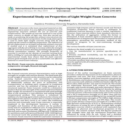 IRJET- Experimental Study on Properties of Light Weight Foam Concrete | PDF