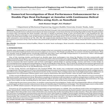 IRJET-Numerical Investigation of Heat Performance Enhancement for a Double-Pi...
