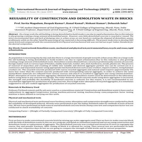 IRJET-  	  Reusability of Construction and Demolition Waste in Bricks