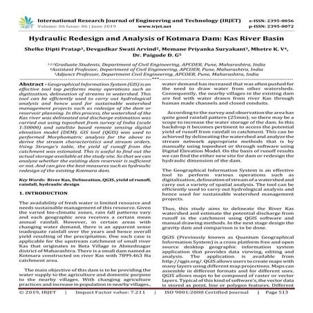 IRJET-  	  Hydraulic Redesign and Analysis of Kotmara Dam: Kas River Basin