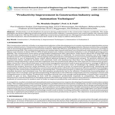 IRJET- Productivity Improvement in Construction Industry using Automation Tec...