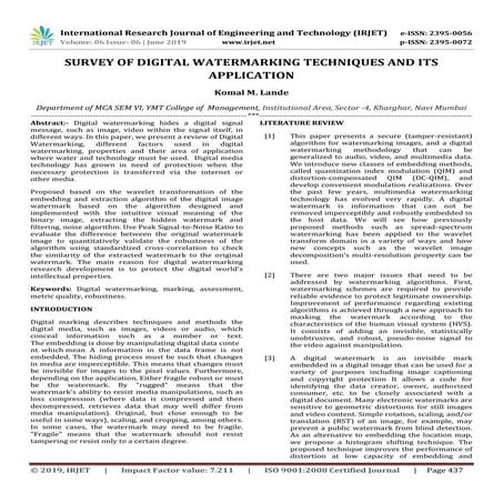 IRJET- Survey of Digital Watermarking Techniques and its Application