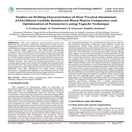 IRJET- Studies on Drilling Characteristics of Heat Treated Aluminium A356/Sil...