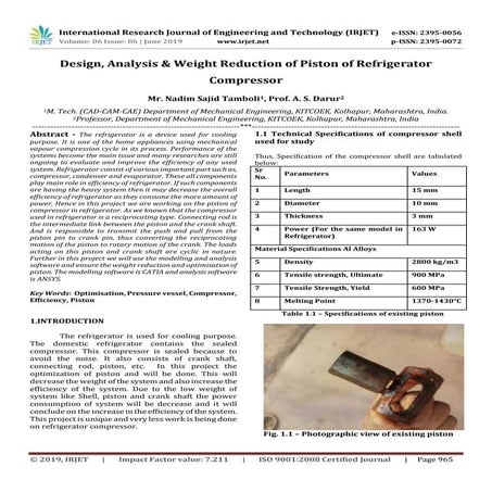 IRJET- Design, Analysis & Weight Reduction of Piston of Refrigerator Compressor
