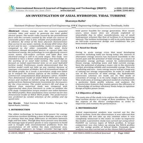IRJET-  	  An Investigation of Axial Hydrofoil Tidal Turbine
