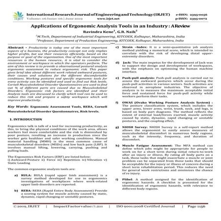 IRJET-  	  Applications of Ergonomic Analysis Tools in an Industry: A Review