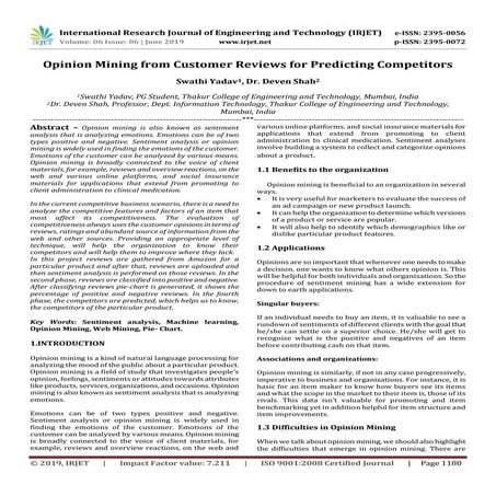 IRJET- Opinion Mining from Customer Reviews for Predicting Competitors