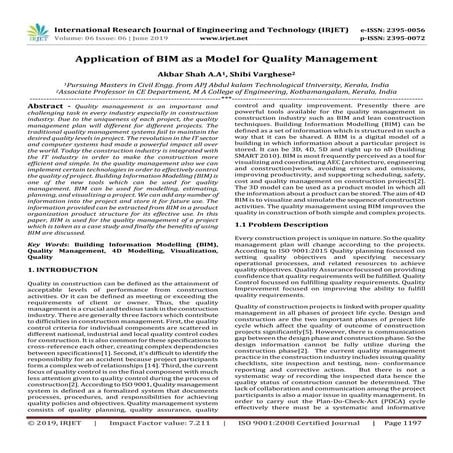 IRJET- Application of BIM as a Model for Quality Management