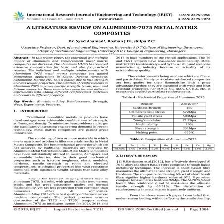 IRJET-  	  A Literature Review on Aluminium-7075 Metal Matrix Composites