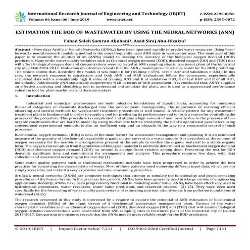 IRJET- Estimation the Bod of Wastewater by using the Neural Networks (ANN)