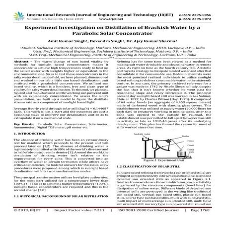 IRJET- Experiment Investigation on Distillation of Brackish Water by a Parabo...
