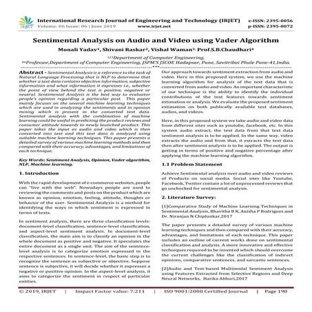 IRJET- Sentimental Analysis on Audio and Video using Vader Algorithm -Monali ...