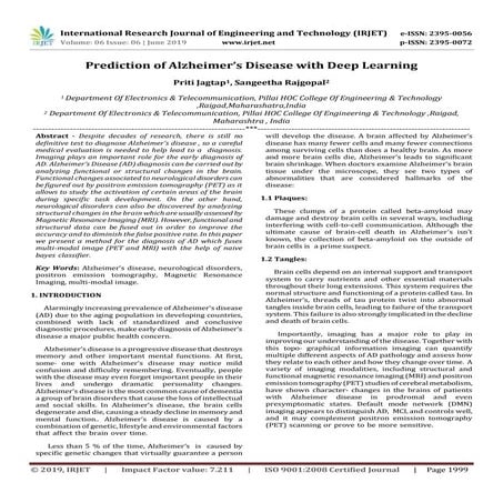 IRJET- Prediction of Alzheimer’s Disease with Deep Learning